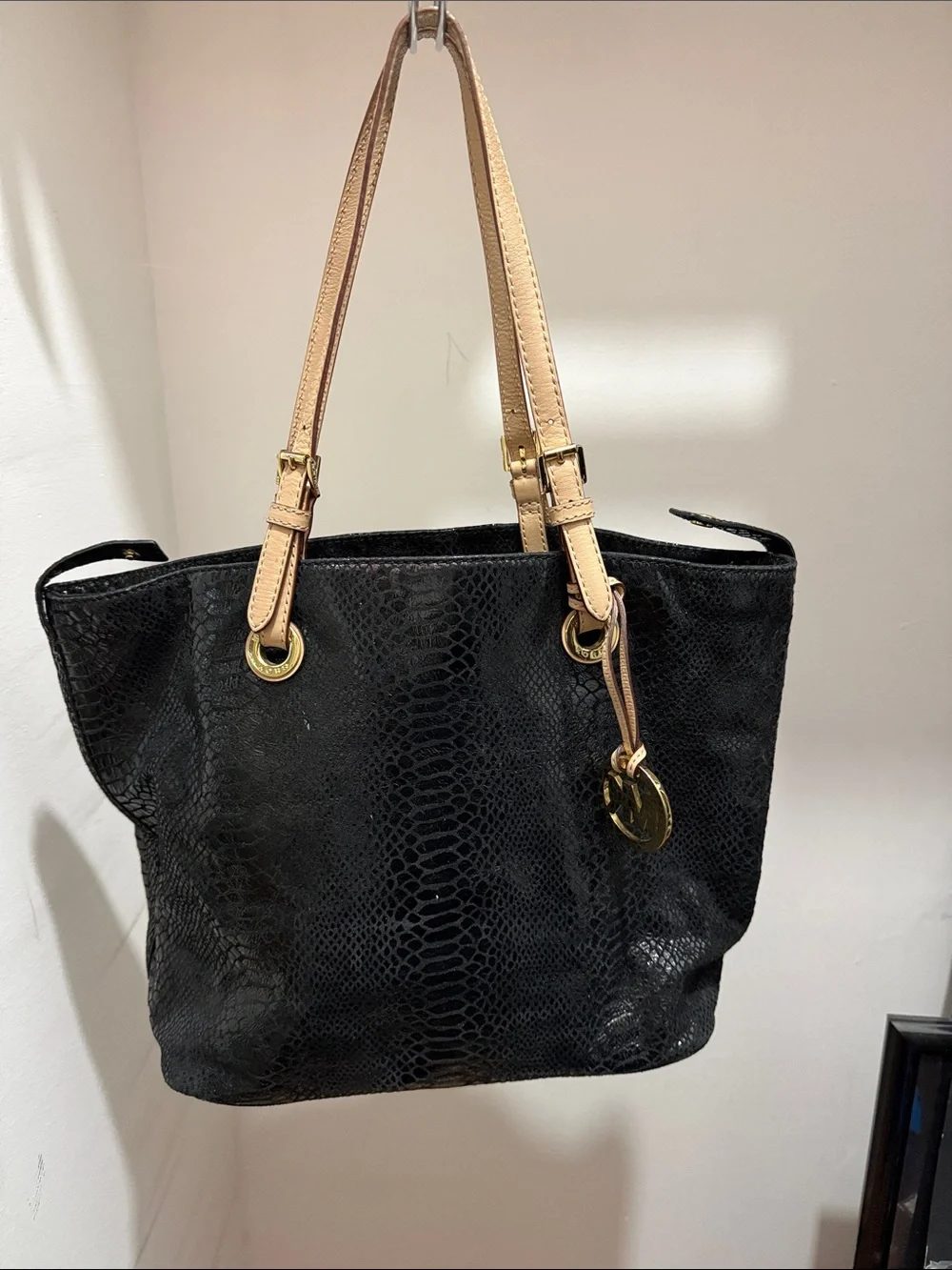 Michael Kors Black Faux-Snake Tote with Tan Shoulder Straps